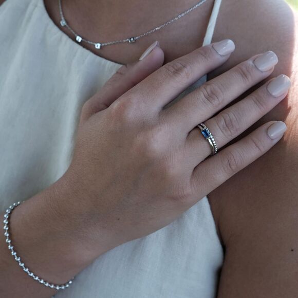 Sterling Silver Baguette Ring Blue CZ Dainty Minimalist Stacking Band Simple Gif - Picture 3 of 5